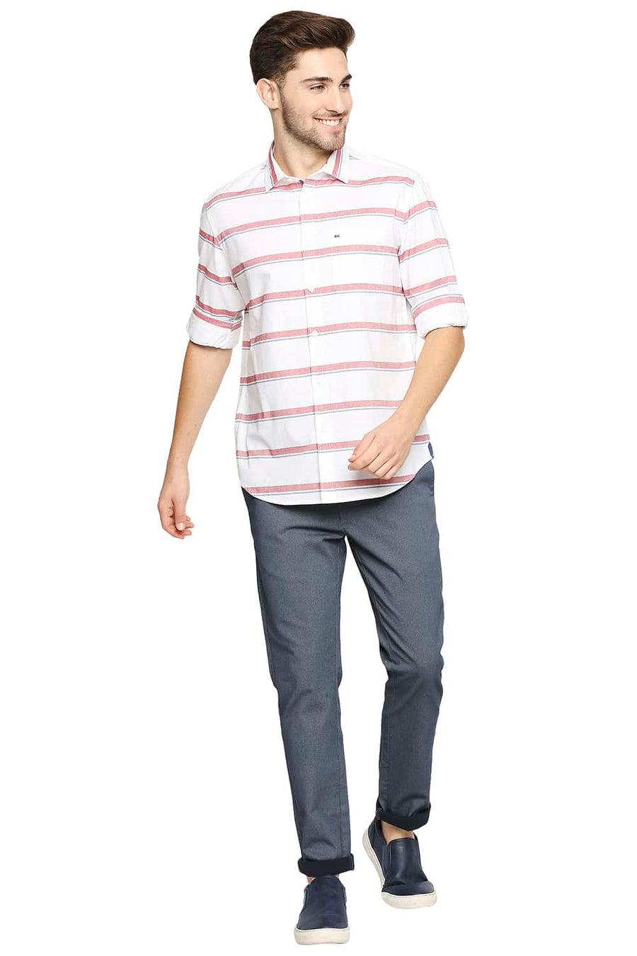 BASICS SLIM FIT RACING RED OXFORD HORIZONTAL STRIPE SHIRT