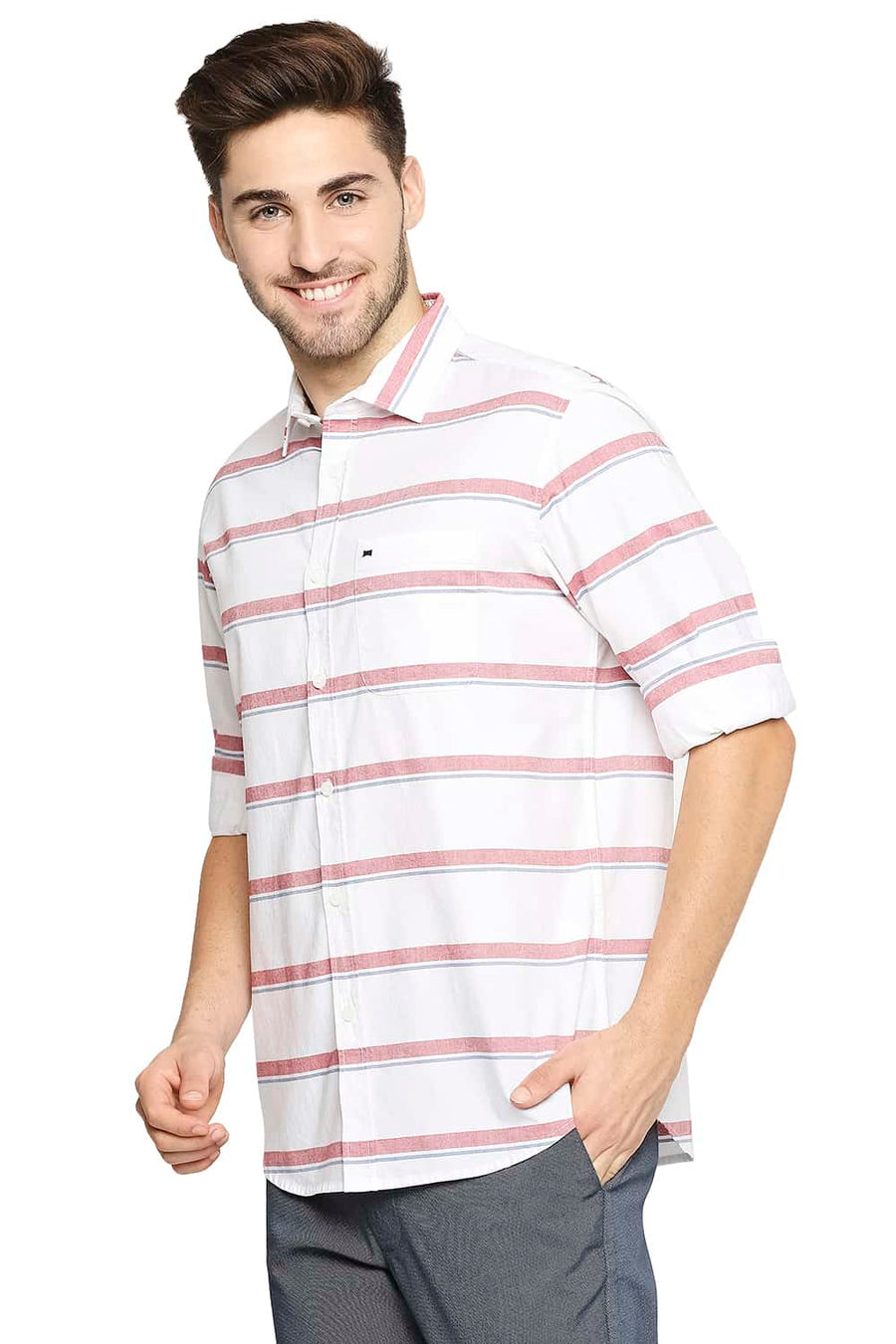 BASICS SLIM FIT RACING RED OXFORD HORIZONTAL STRIPE SHIRT