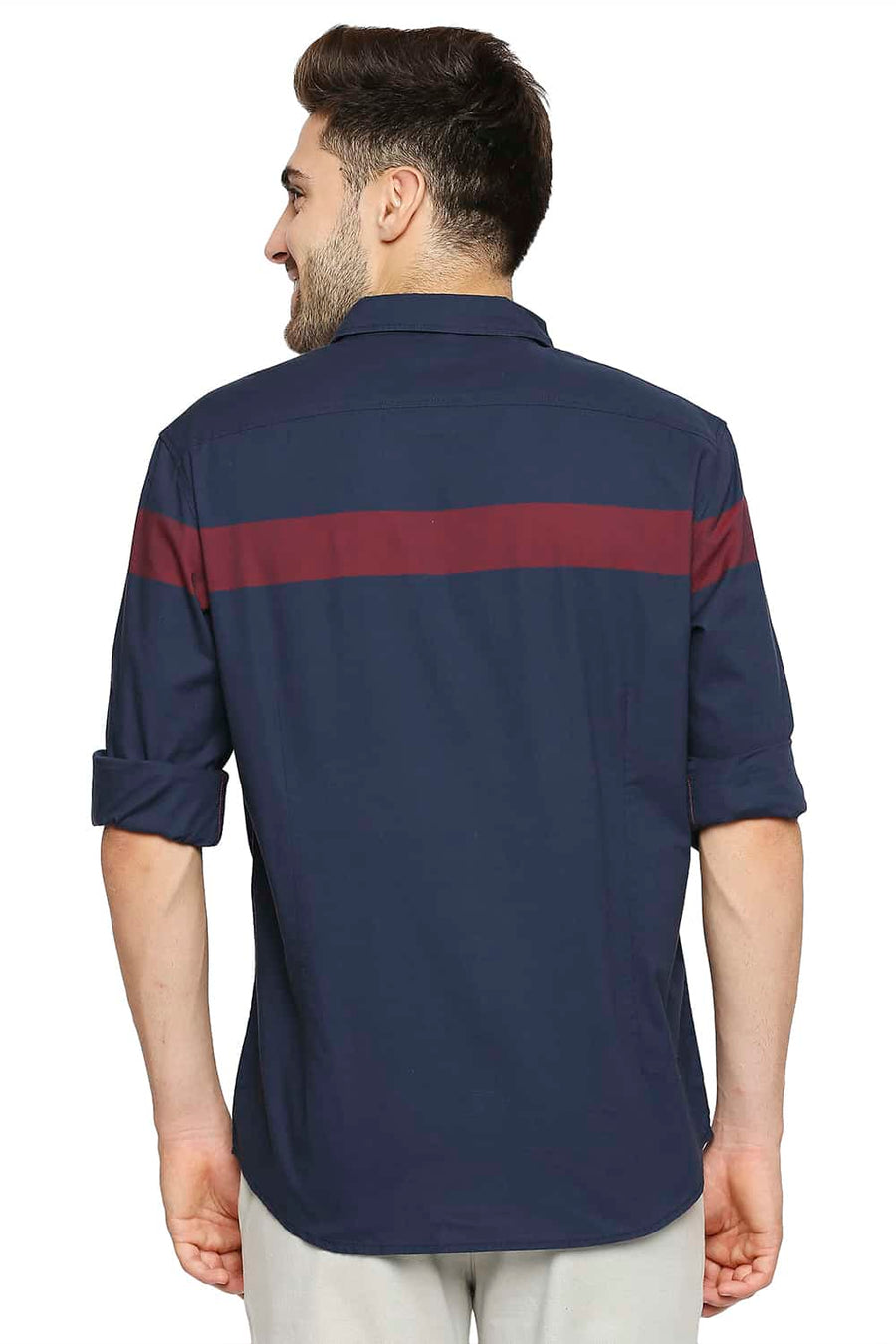 BASICS SLIM FIT POSEIDON NAVY OXFORD ENG HORIZONTAL STRIPE SHIRT