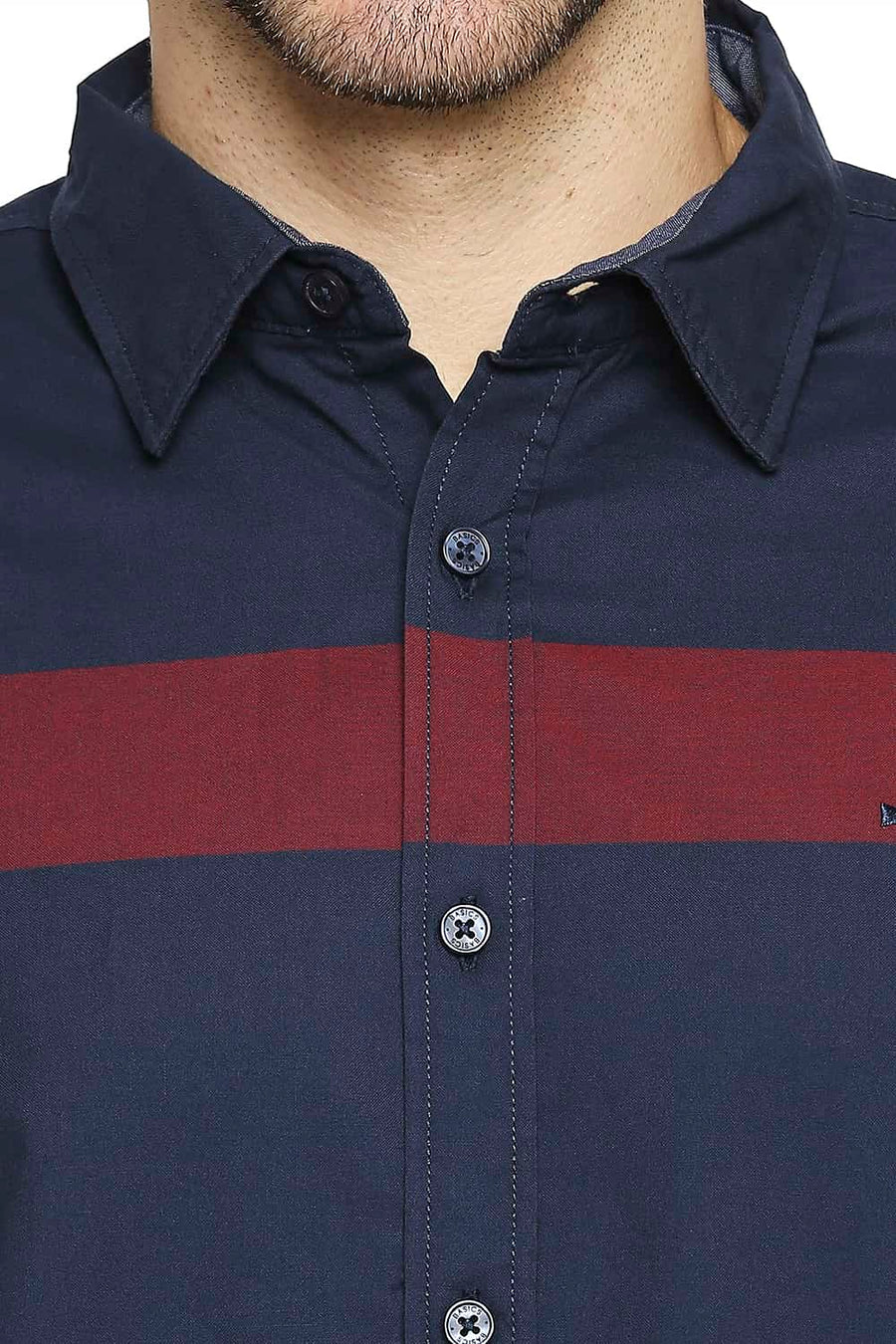 BASICS SLIM FIT POSEIDON NAVY OXFORD ENG HORIZONTAL STRIPE SHIRT