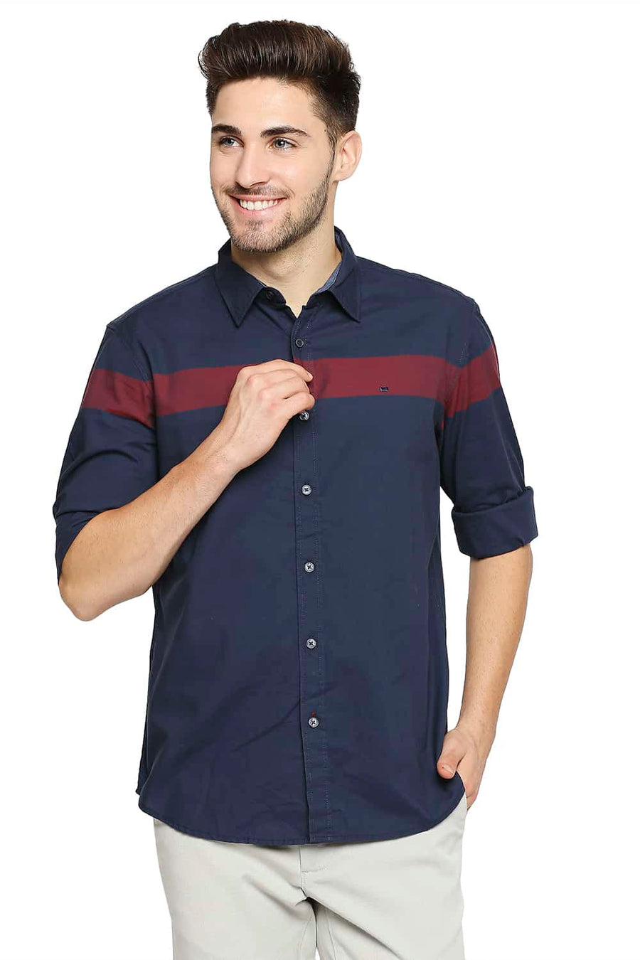 BASICS SLIM FIT POSEIDON NAVY OXFORD ENG HORIZONTAL STRIPE SHIRT