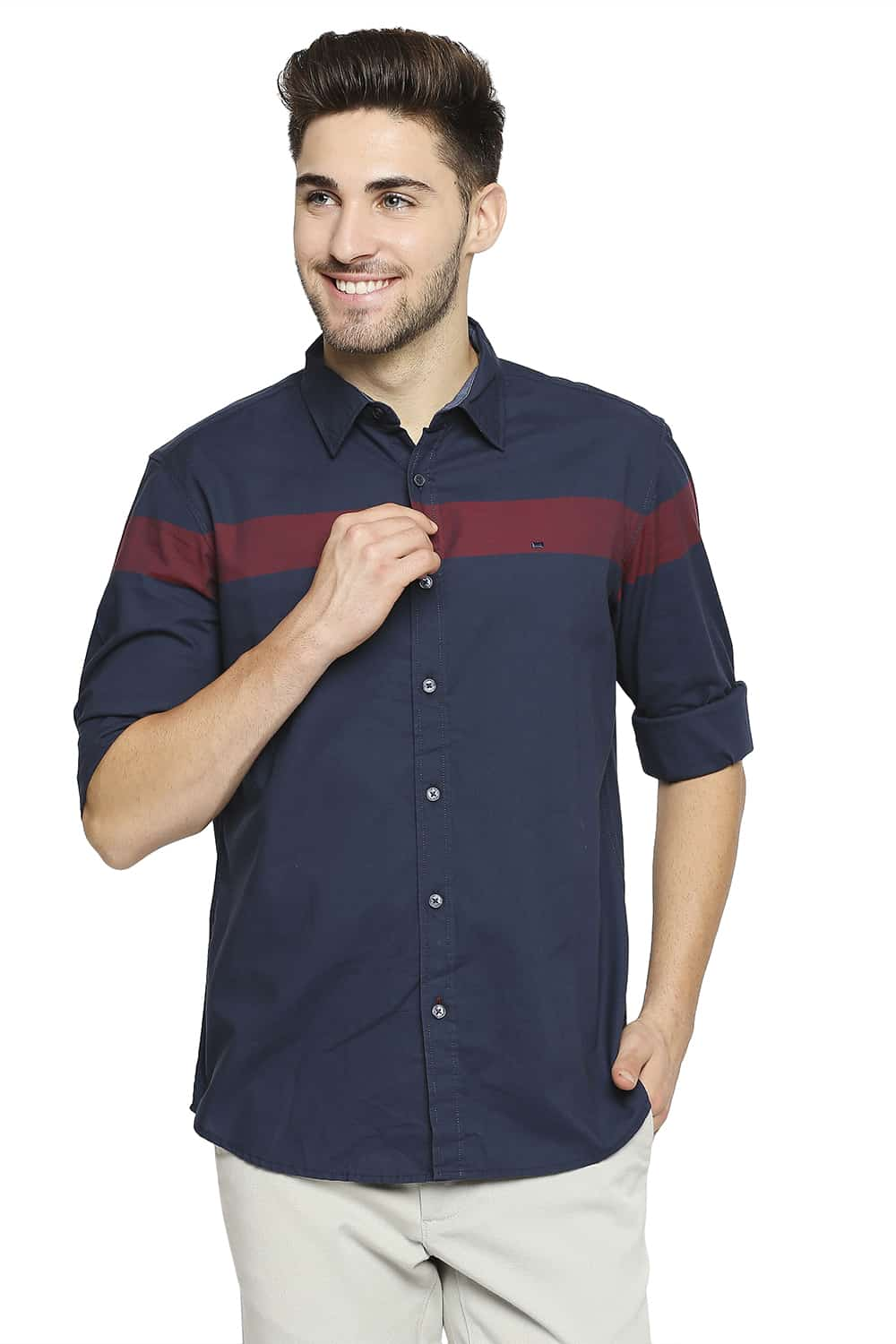 BASICS SLIM FIT OXFORD ENG HORIZONTAL STRIPE SHIRT