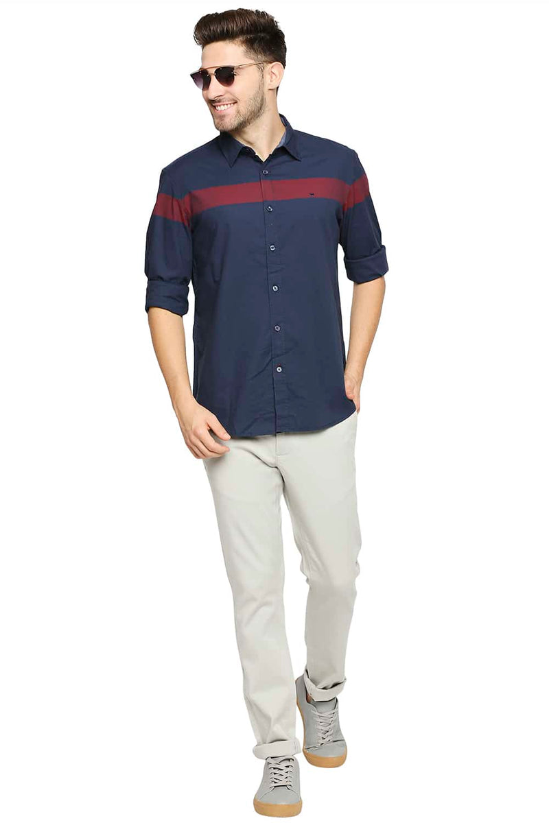 BASICS SLIM FIT OXFORD ENG HORIZONTAL STRIPE SHIRT