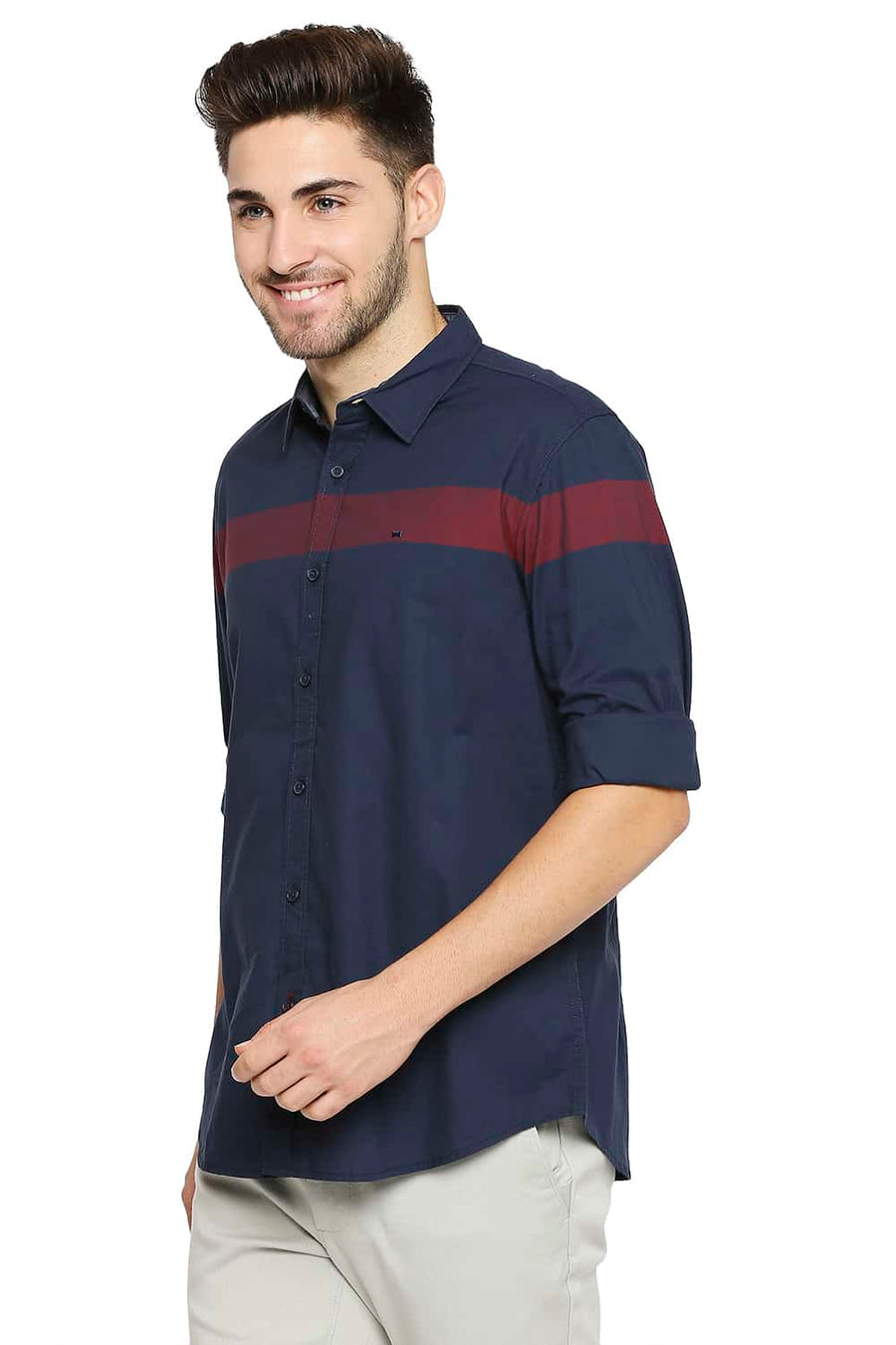 BASICS SLIM FIT POSEIDON NAVY OXFORD ENG HORIZONTAL STRIPE SHIRT
