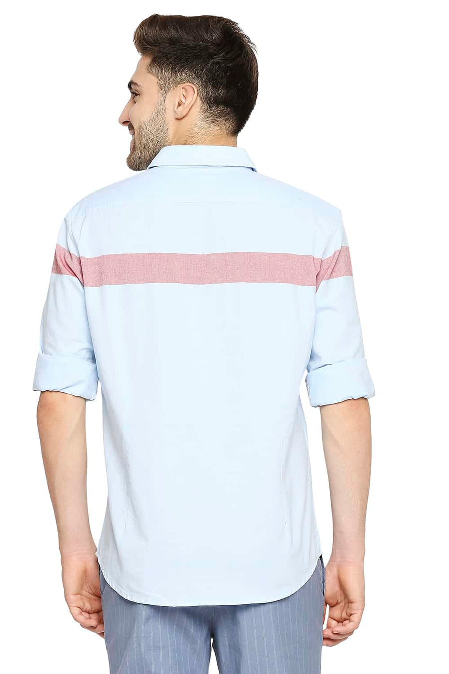 BASICS SLIM FIT BALTIC BLUE OXFORD ENG HORIZONTAL STRIPE SHIRT