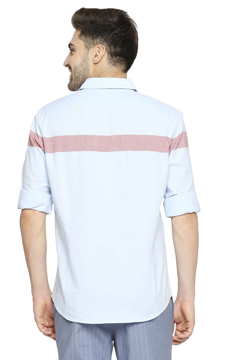 BASICS SLIM FIT OXFORD ENG HORIZONTAL STRIPE SHIRT