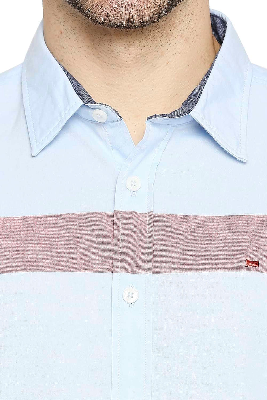 BASICS SLIM FIT BALTIC BLUE OXFORD ENG HORIZONTAL STRIPE SHIRT