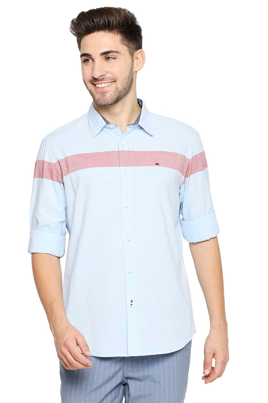BASICS SLIM FIT BALTIC BLUE OXFORD ENG HORIZONTAL STRIPE SHIRT