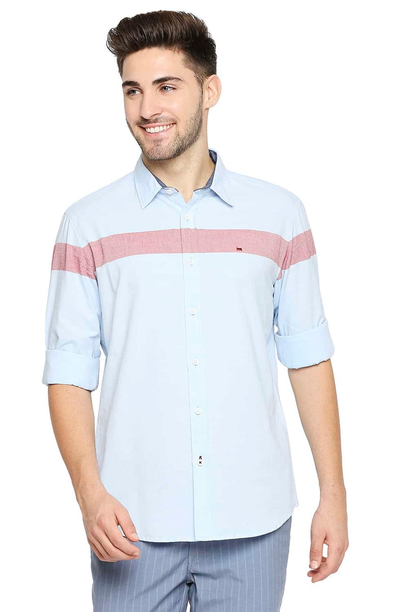 BASICS SLIM FIT OXFORD ENG HORIZONTAL STRIPE SHIRT