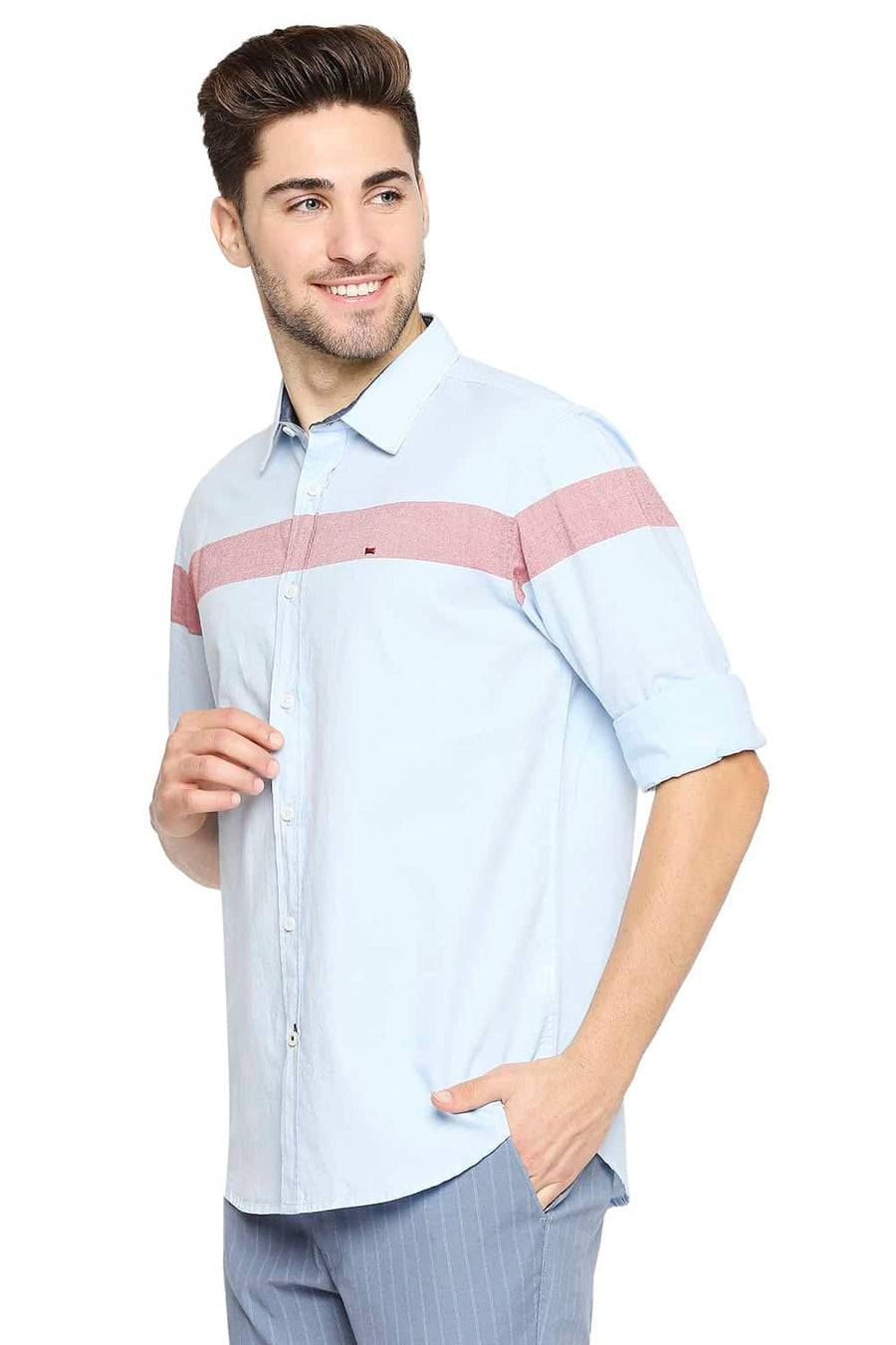 BASICS SLIM FIT BALTIC BLUE OXFORD ENG HORIZONTAL STRIPE SHIRT