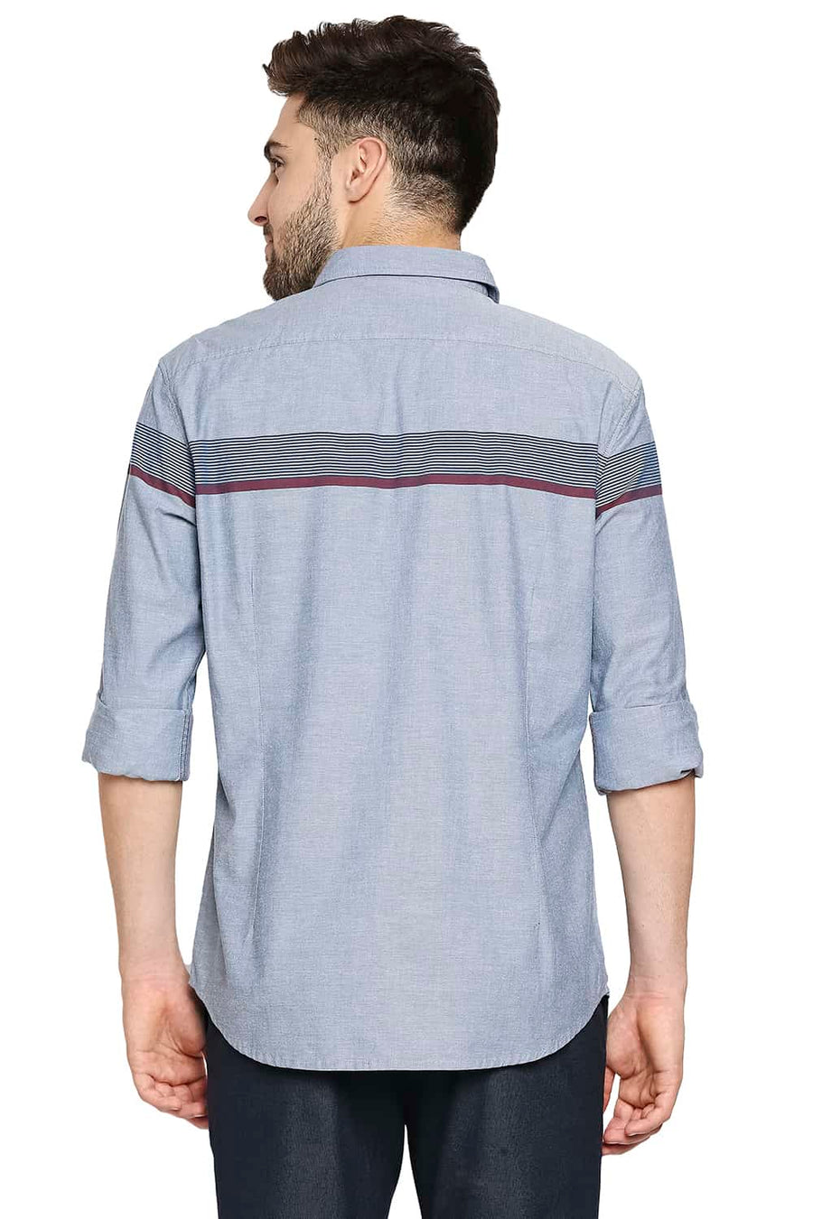 BASICS SLIM FIT INFINITY BLUE OXFORD ENG HORIZONTAL STRIPE SHIRT
