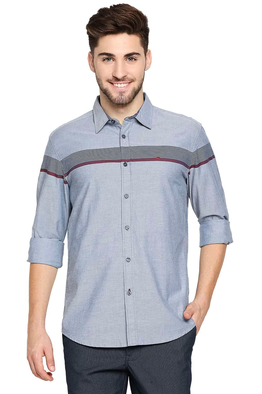BASICS SLIM FIT INFINITY BLUE OXFORD ENG HORIZONTAL STRIPE SHIRT