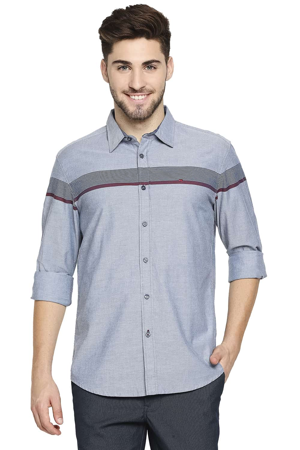 BASICS SLIM FIT OXFORD ENG HORIZONTAL STRIPE SHIRT