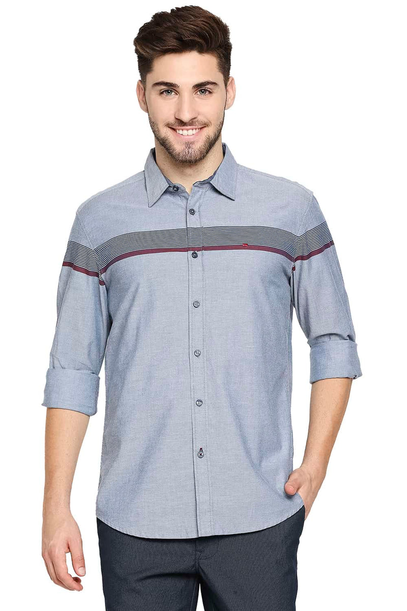 BASICS SLIM FIT OXFORD ENG HORIZONTAL STRIPE SHIRT