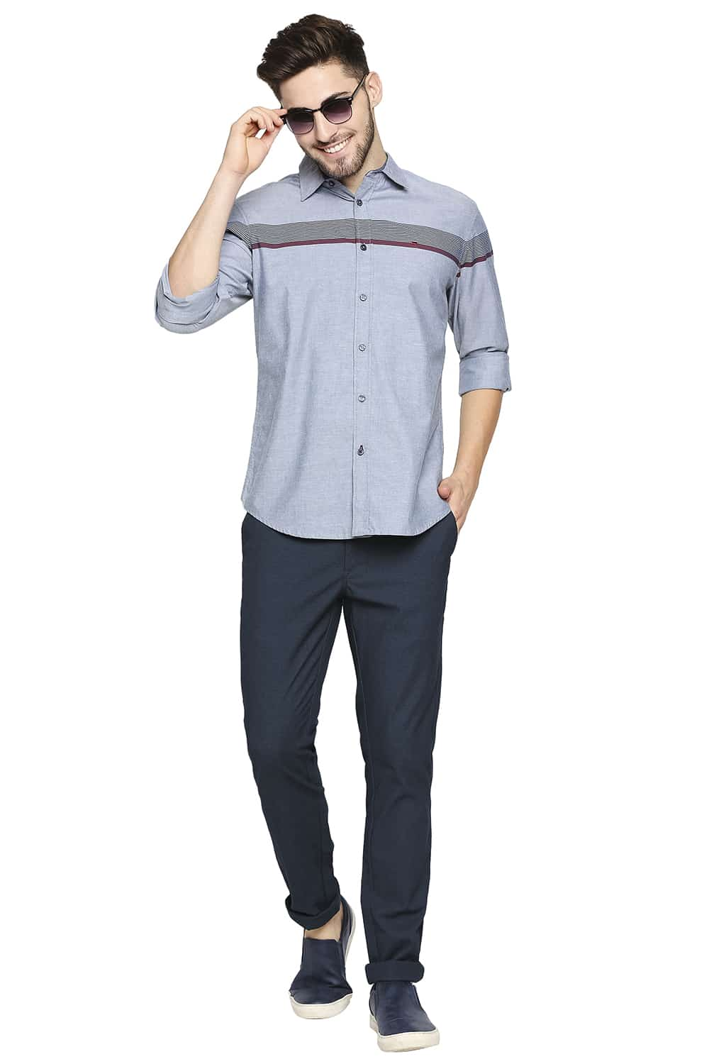 BASICS SLIM FIT OXFORD ENG HORIZONTAL STRIPE SHIRT