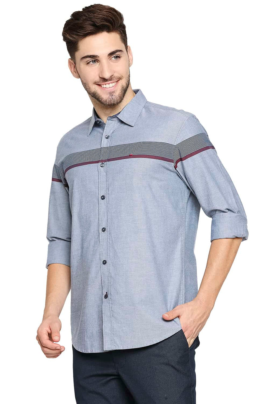 BASICS SLIM FIT INFINITY BLUE OXFORD ENG HORIZONTAL STRIPE SHIRT