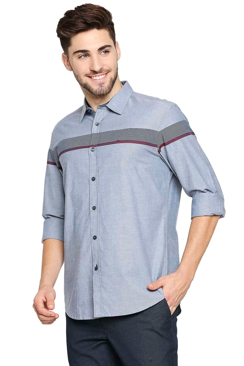 BASICS SLIM FIT OXFORD ENG HORIZONTAL STRIPE SHIRT