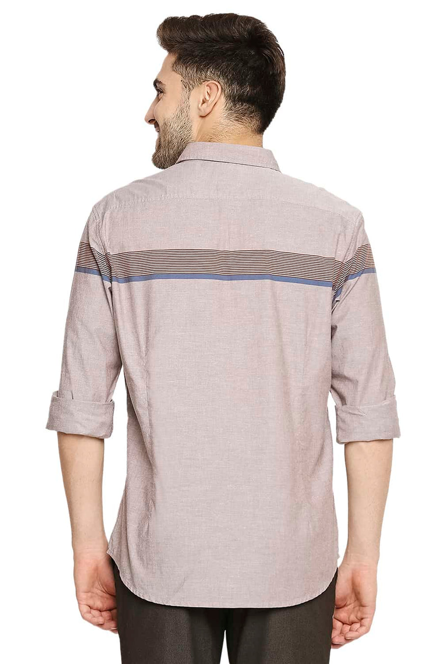 BASICS SLIM FIT MARRON BROWN OXFORD ENG HORIZONTAL STRIPE SHIRT