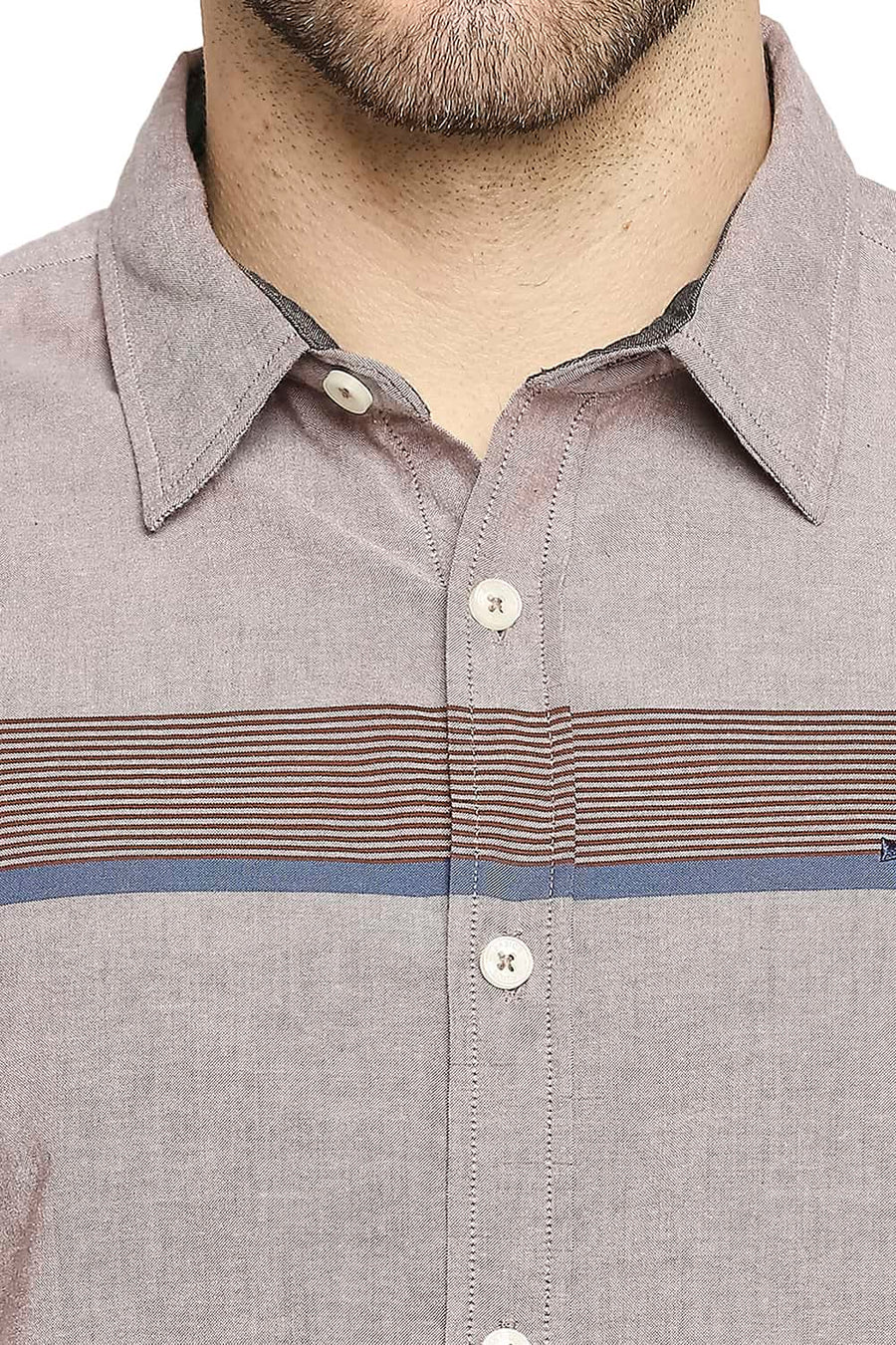 BASICS SLIM FIT MARRON BROWN OXFORD ENG HORIZONTAL STRIPE SHIRT
