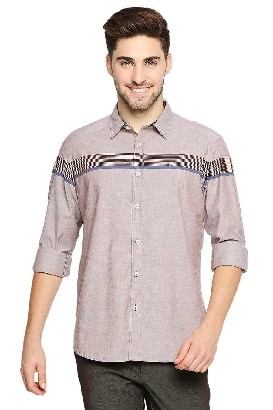 BASICS SLIM FIT MARRON BROWN OXFORD ENG HORIZONTAL STRIPE SHIRT