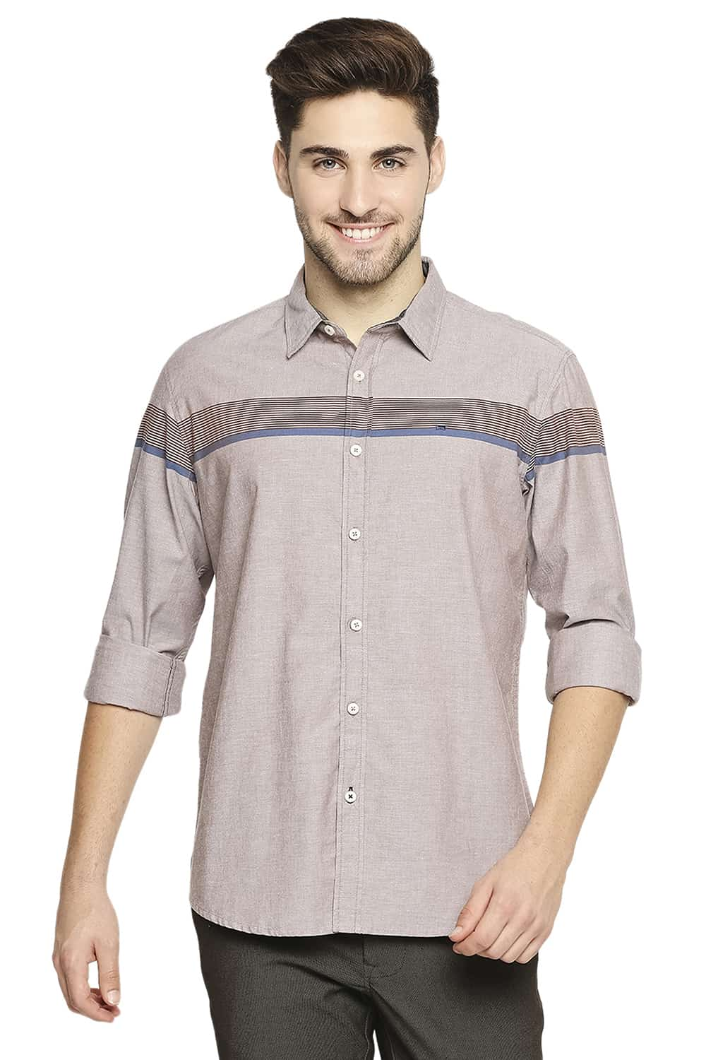 BASICS SLIM FIT OXFORD ENG HORIZONTAL STRIPE SHIRT