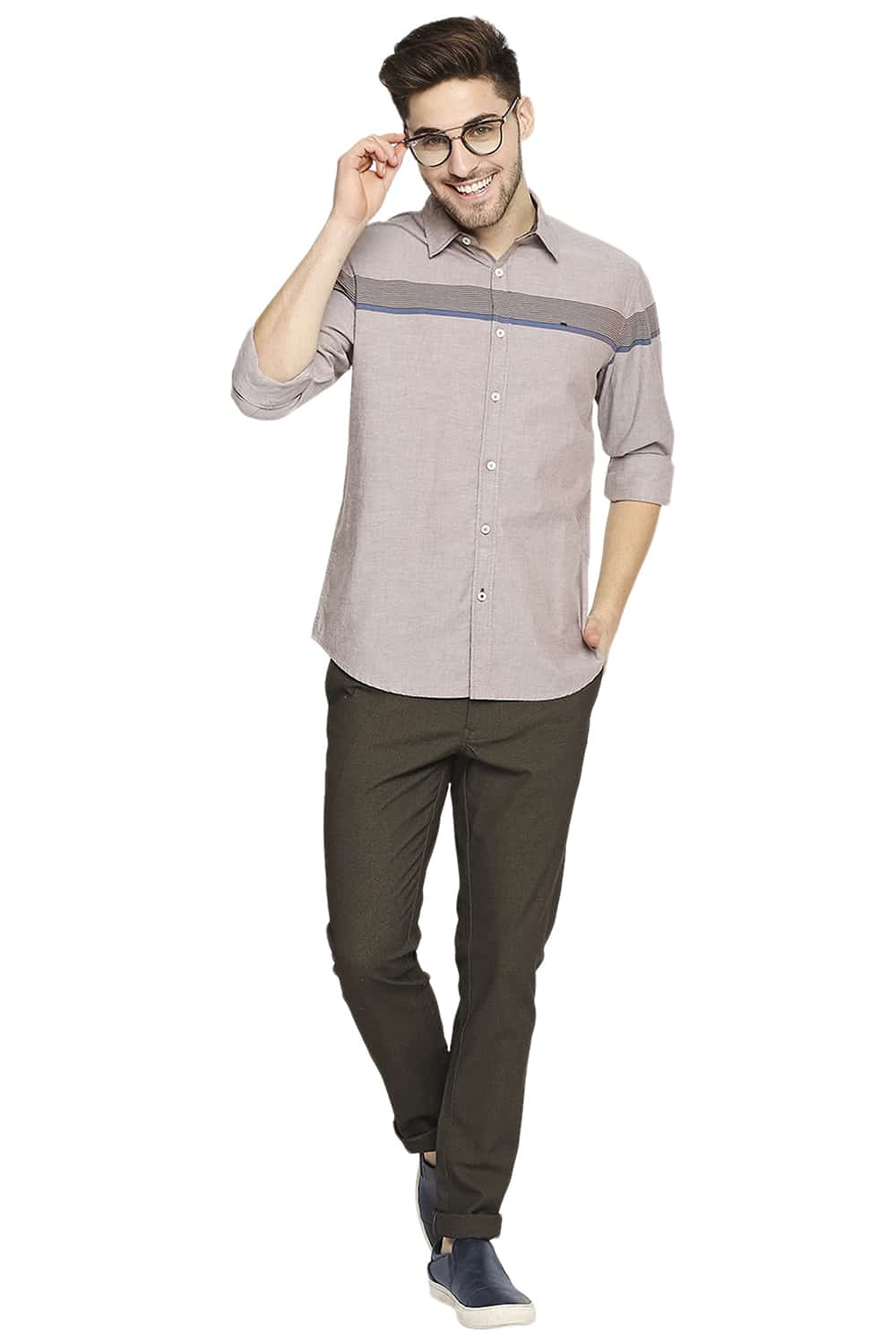 BASICS SLIM FIT OXFORD ENG HORIZONTAL STRIPE SHIRT