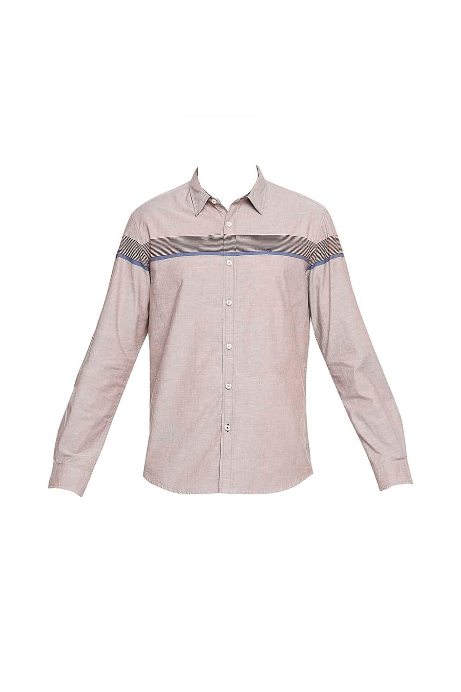 BASICS SLIM FIT MARRON BROWN OXFORD ENG HORIZONTAL STRIPE SHIRT