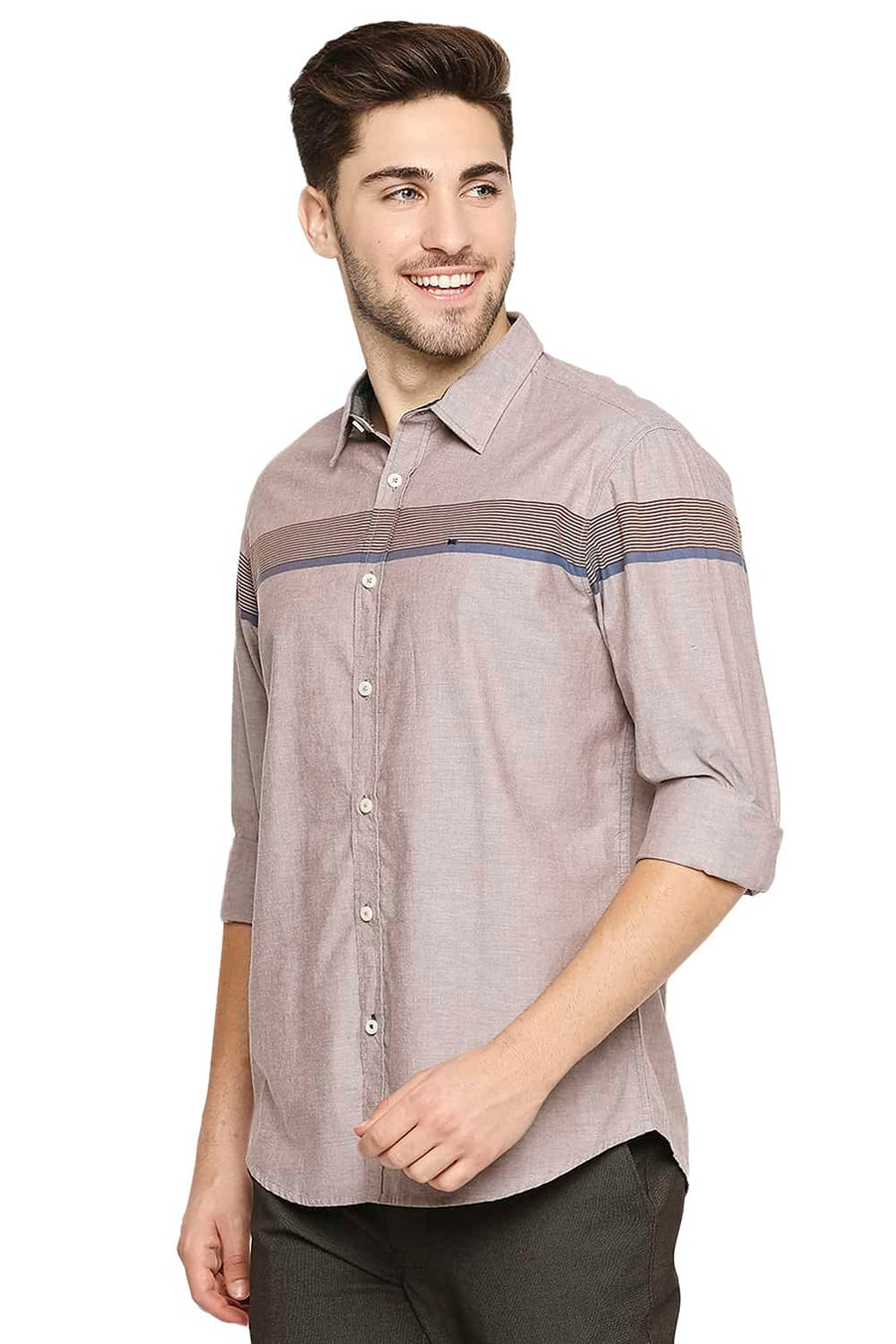 BASICS SLIM FIT MARRON BROWN OXFORD ENG HORIZONTAL STRIPE SHIRT