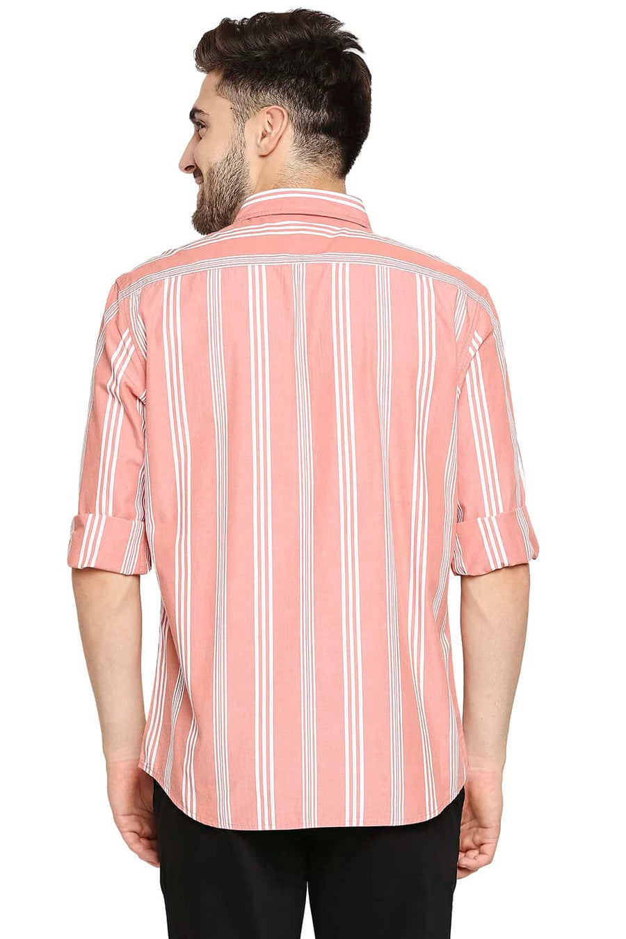 BASICS SLIM FIT CORAL ORANGE STRIPE SHIRT