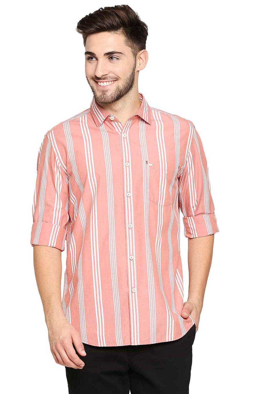 BASICS SLIM FIT CORAL ORANGE STRIPE SHIRT