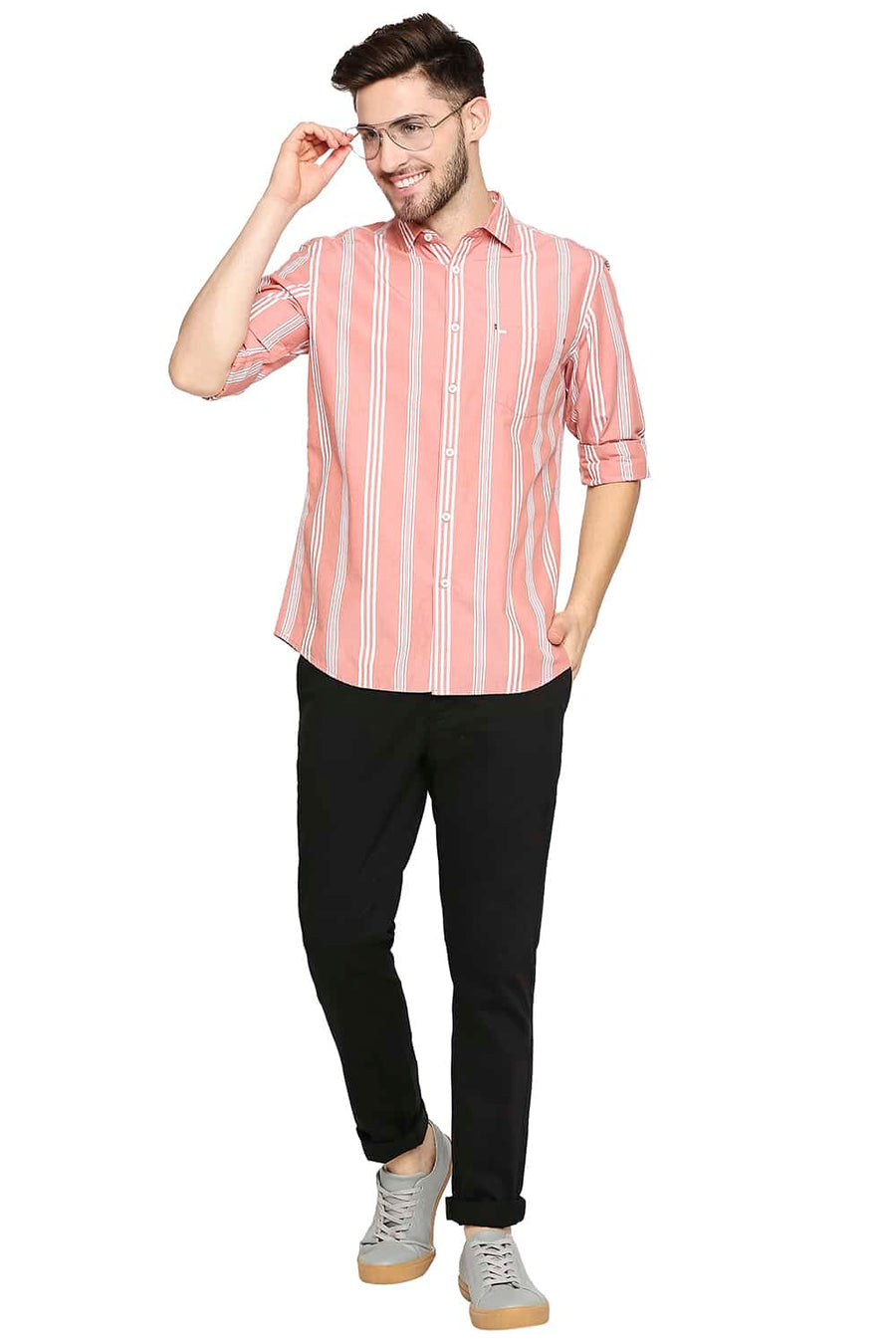 BASICS SLIM FIT CORAL ORANGE STRIPE SHIRT