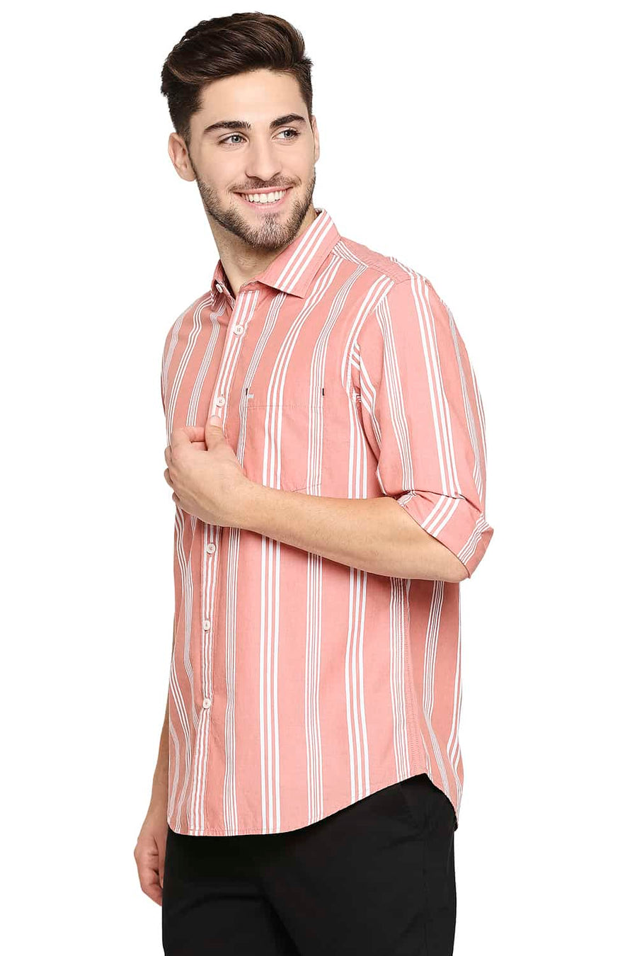 BASICS SLIM FIT CORAL ORANGE STRIPE SHIRT