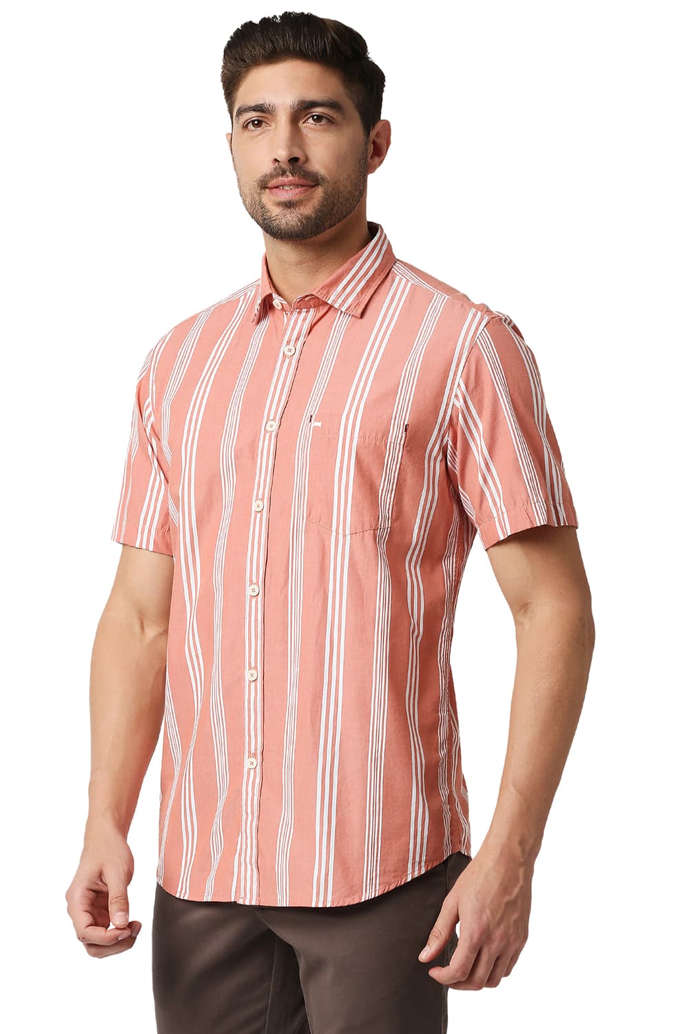 BASICS SLIM FIT STRIPE HALFSLEEVES SHIRT