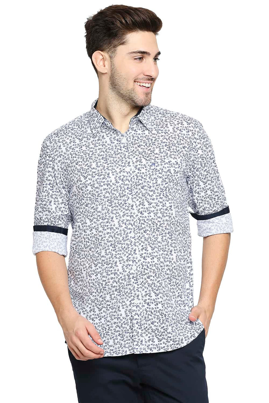 BASICS SLIM FIT TWILIGHT NAVY POPLIN PRINTED SHIRT