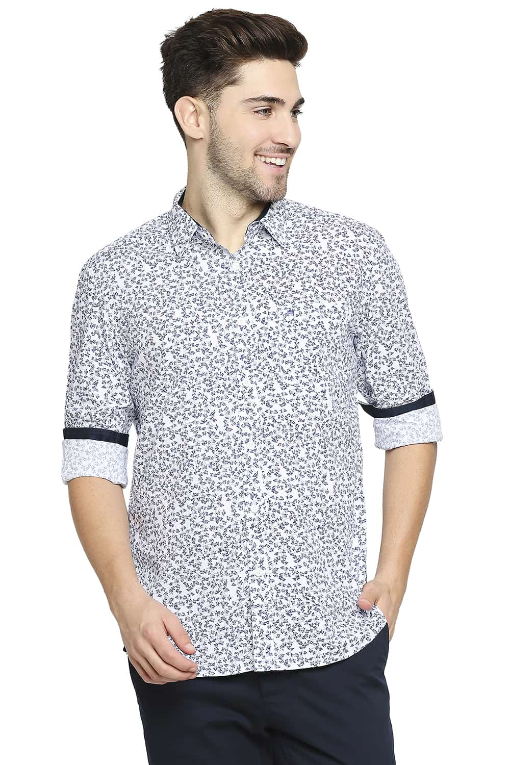 BASICS SLIM FIT POPLIN PRINTED SHIRT