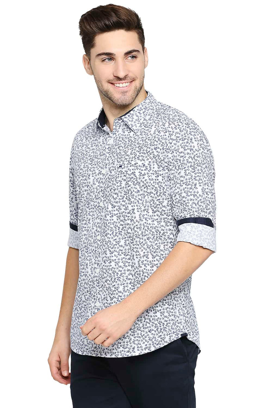 BASICS SLIM FIT TWILIGHT NAVY POPLIN PRINTED SHIRT