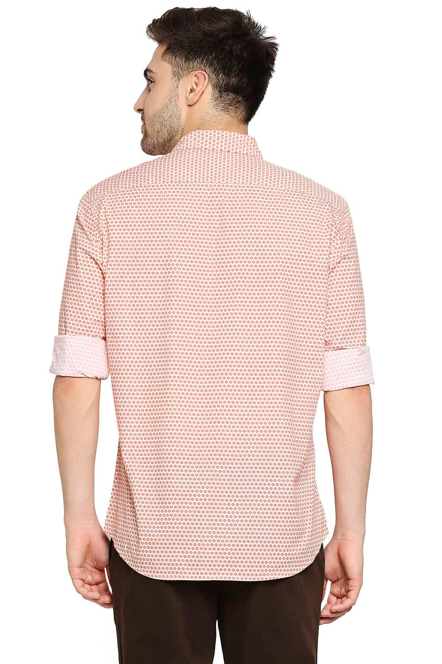 BASICS SLIM FIT FLAMINGO ORANGE POPLIN PRINTED SHIRT