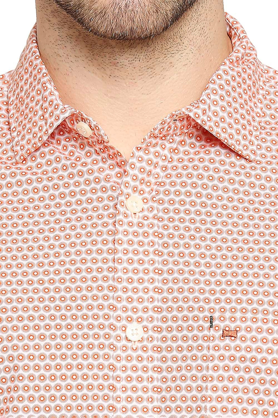 BASICS SLIM FIT FLAMINGO ORANGE POPLIN PRINTED SHIRT