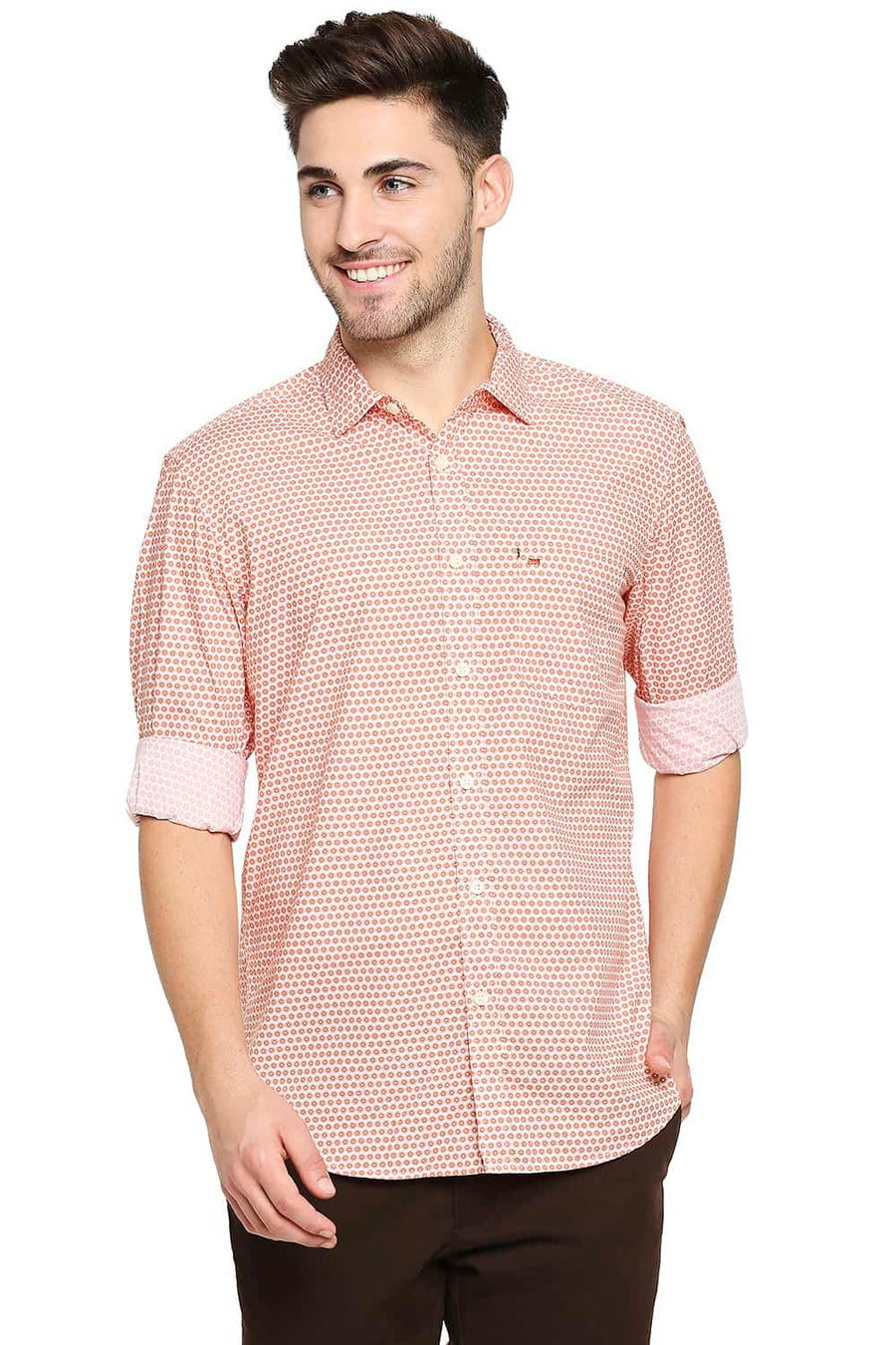 BASICS SLIM FIT FLAMINGO ORANGE POPLIN PRINTED SHIRT