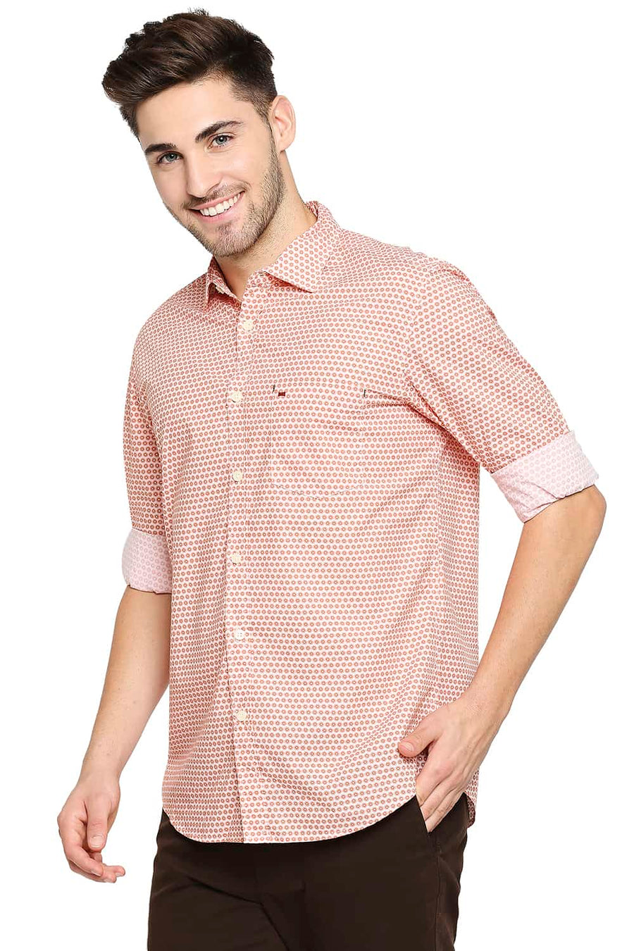 BASICS SLIM FIT FLAMINGO ORANGE POPLIN PRINTED SHIRT