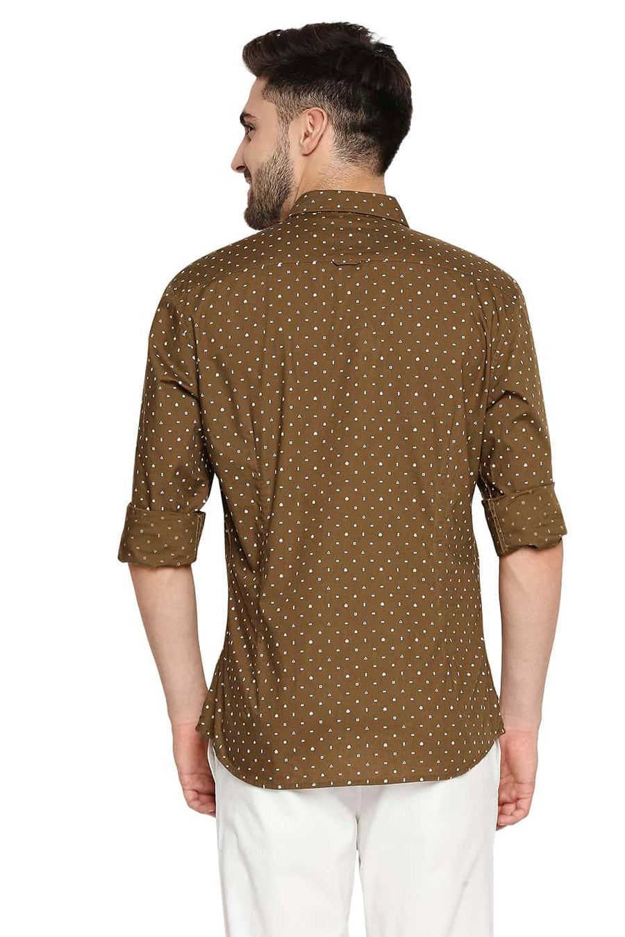 BASICS SLIM FIT BRONZE BROWN POPLIN PRINTED SHIRT