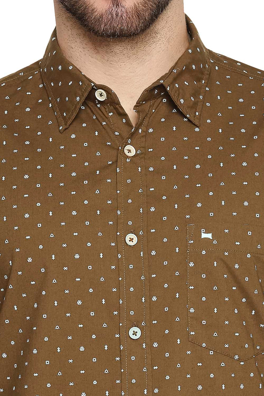 BASICS SLIM FIT BRONZE BROWN POPLIN PRINTED SHIRT
