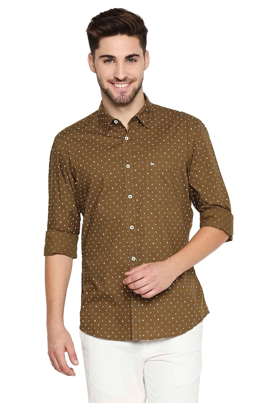 BASICS SLIM FIT BRONZE BROWN POPLIN PRINTED SHIRT
