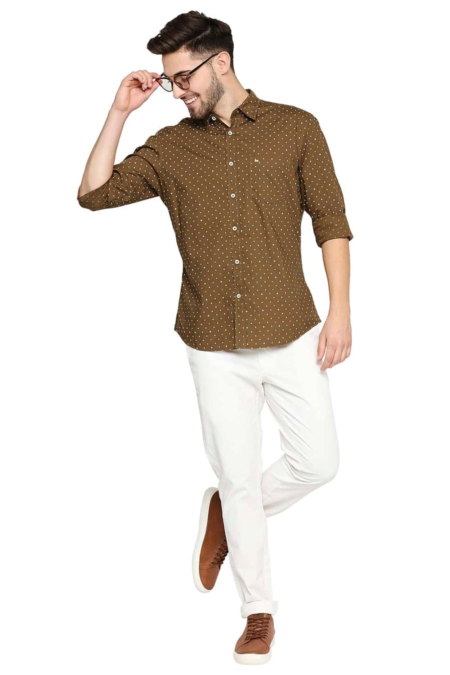 BASICS SLIM FIT BRONZE BROWN POPLIN PRINTED SHIRT
