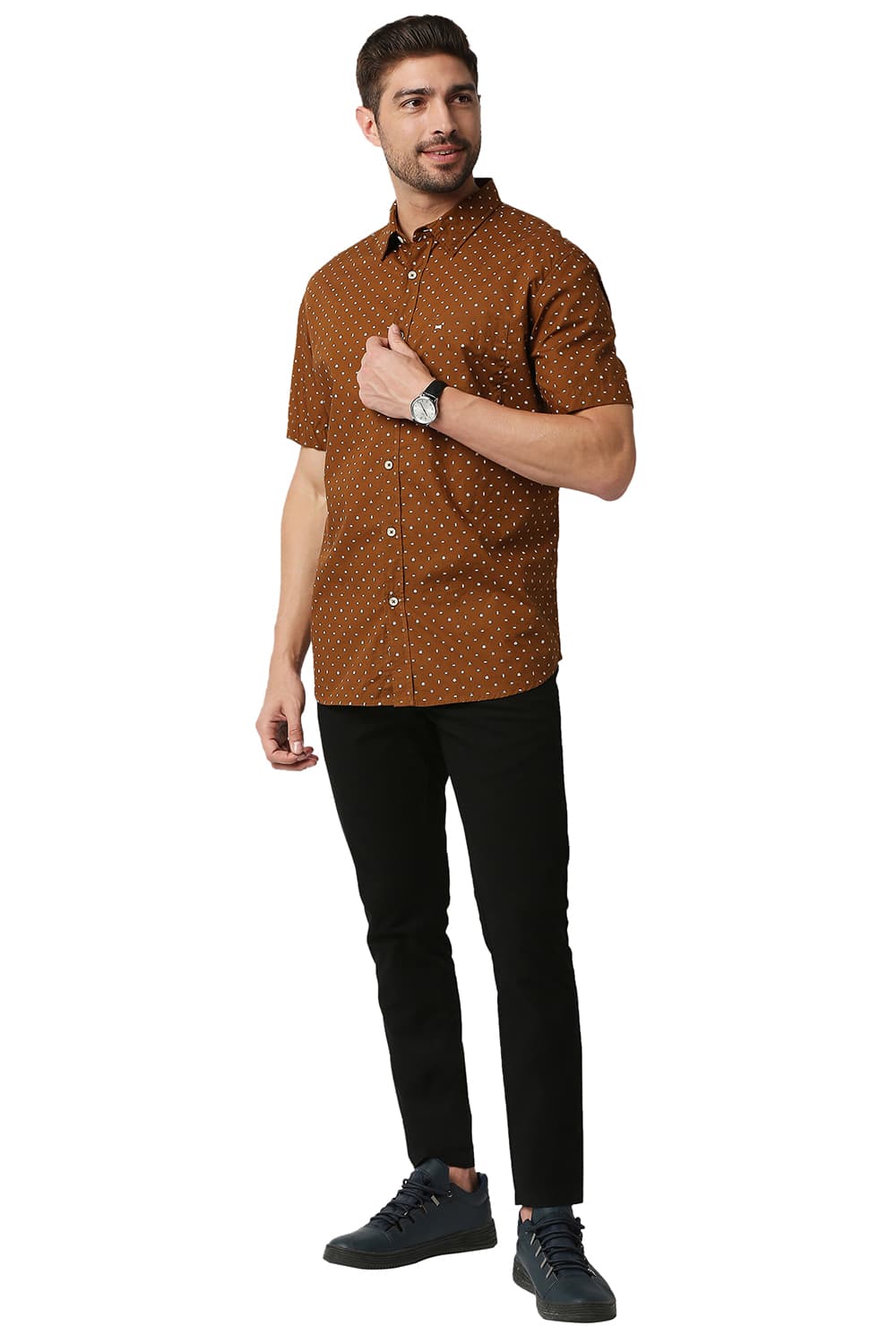 BASICS SLIM FIT POPLIN PRINTED HALFSLEEVES SHIRT