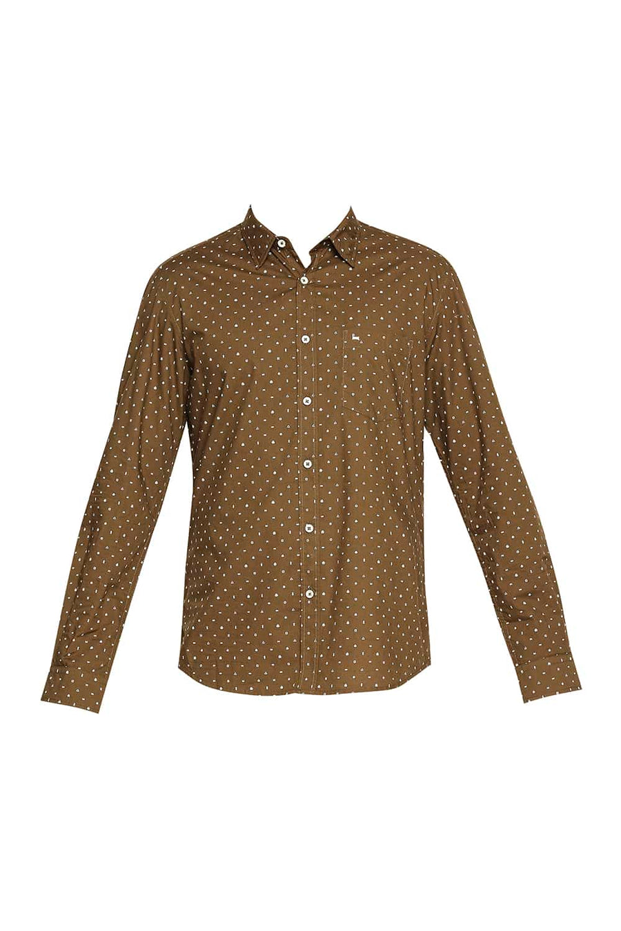 BASICS SLIM FIT BRONZE BROWN POPLIN PRINTED SHIRT