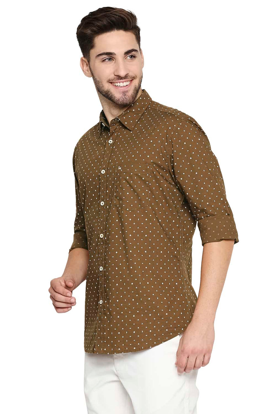 BASICS SLIM FIT BRONZE BROWN POPLIN PRINTED SHIRT