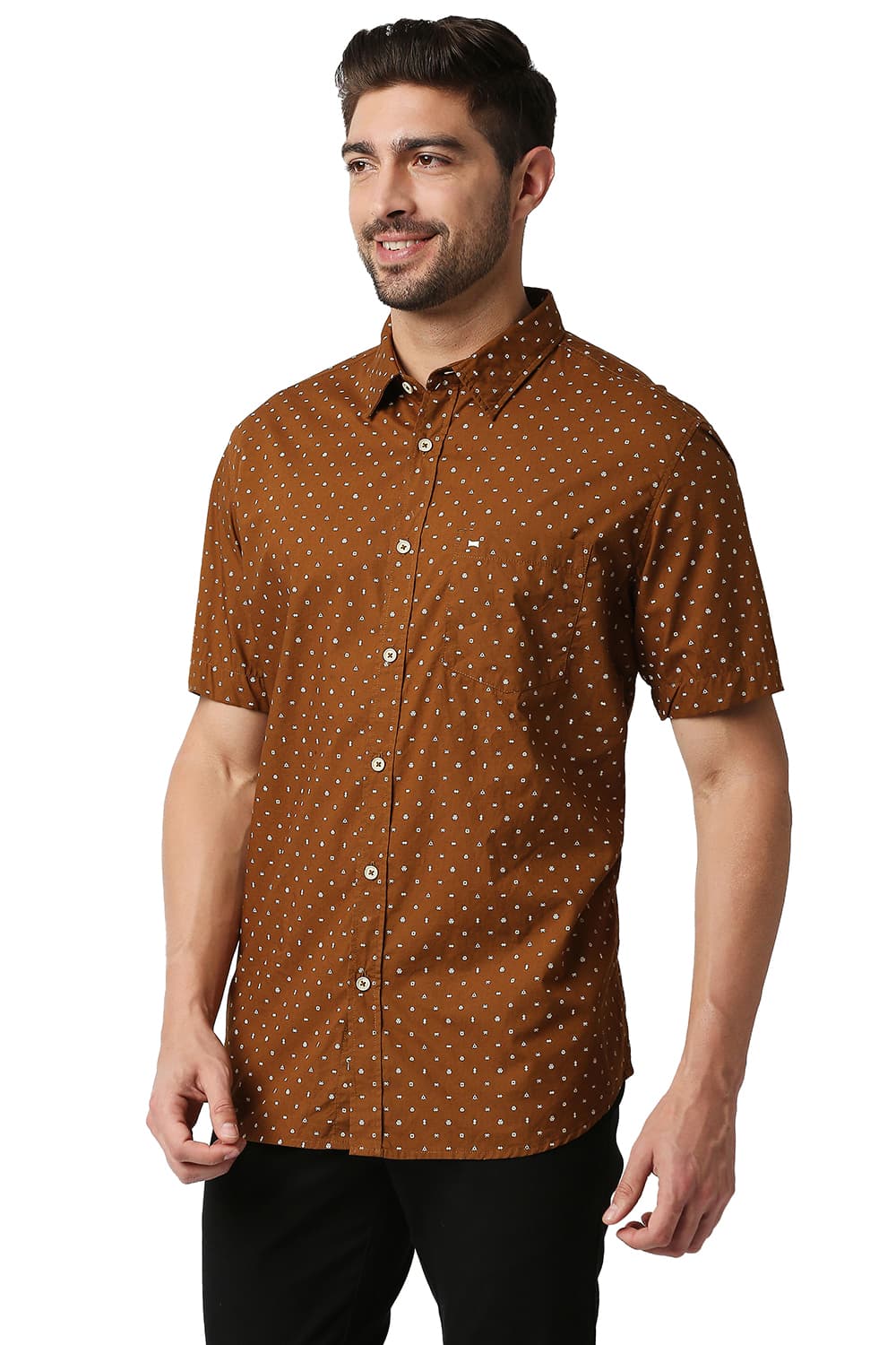 BASICS SLIM FIT POPLIN PRINTED HALFSLEEVES SHIRT