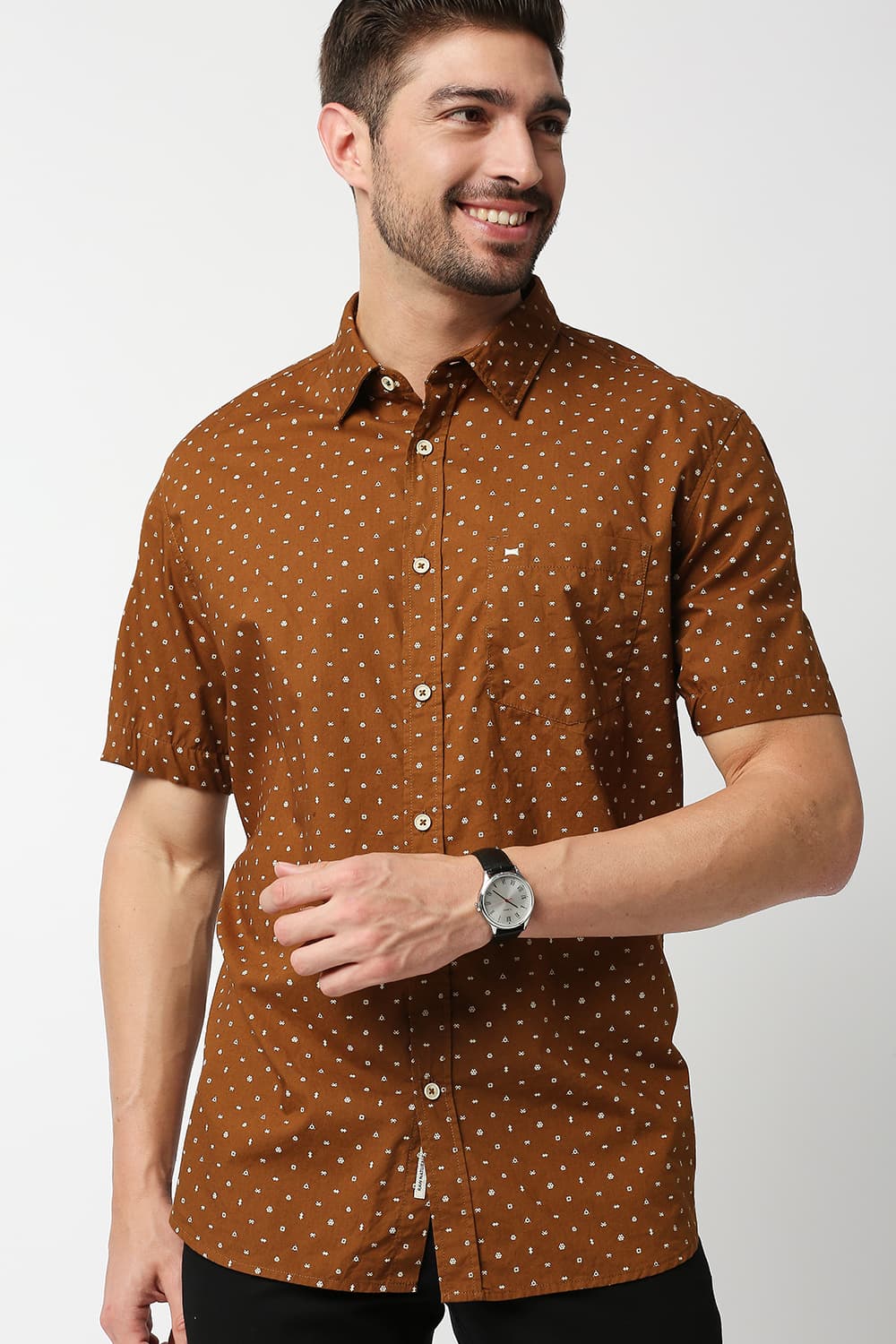 Slim Fit Poplin Printed Halfsleeves Shirt