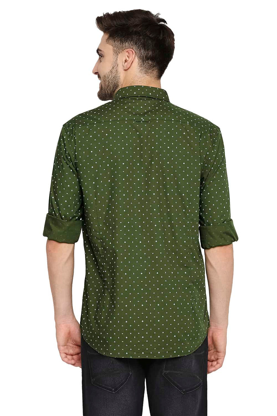 BASICS SLIM FIT CHIVE OLIVE POPLIN PRINTED SHIRT